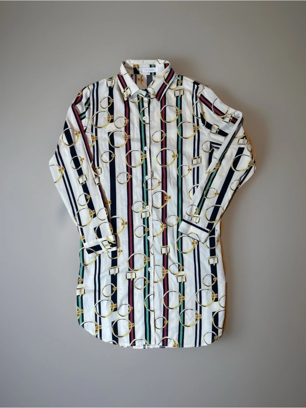 ALBA Fashion Striped Gold Buckle Print Button Down Shirt Womens M/L Long Sleeve